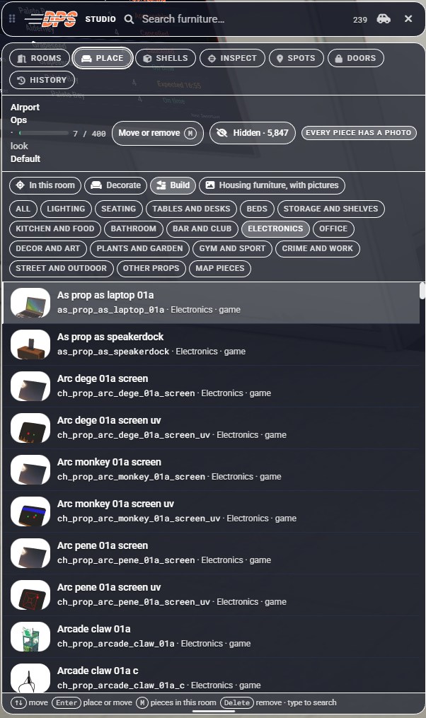 Studio Place tab showing the Electronics category with prop thumbnails