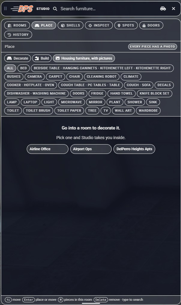 Studio Place tab asking which room to decorate, with furniture category chips